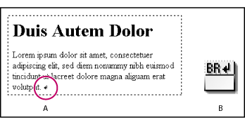 Illustration of text in a page: The line breaks at the same position regardless of browser window size. Callouts include: A. Line break marker, and B. Line Break icon.