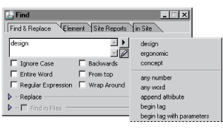 Previously used search strings appear in the search history pop-up menu along with defined regular expressions.