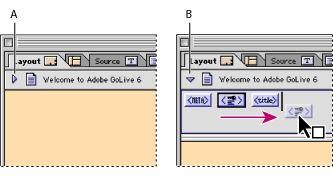 Illustration of the head section pane in the Layout Editor:You can reposition head elements in the pane by dragging them. Callouts include: A. A closed head section pane, and B. An opened head section pane.