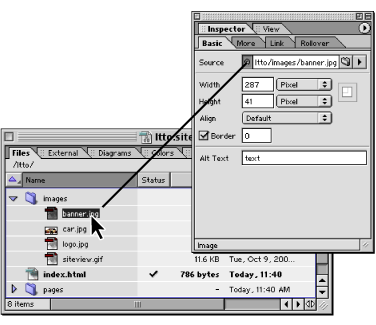 Drag from Point and Shoot button in Inspector to file in site window.