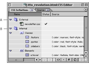 Illustration of an internal style sheet in the CSS Editor with these callouts: A. External style sheet reference, and B. List of internal styles.
