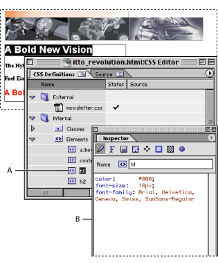 Illustration of text in a page, the CSS Editor, and the CSS Inspector: Define style properties in the CSS Inspector. Callouts include: A. Selected style in the CSS Editor, and B. The selected style's properties listed in the CSS Inspector.