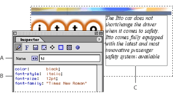 Illustration of CSS Inspector with these callouts: A. HTML element style name, B. Style properties, and C. TD style is automatically applied to text in table cells in the page.