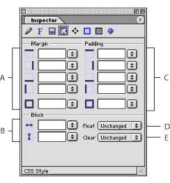 Illustration of the Block set in the CSS Inspector with these callouts: A. Sets invisible margins around the style item, B. Sets floating style item position and size, C. Sets distance between border and style item, D. Formats style item as a floating box, and E. Clears or allows floating boxes on either side of the style item.