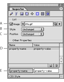 Illustration of List & Others set in the CSS Inspector with these callouts: A. Image used as a list marker, B. Style for the list marker, C. Position of list marker relative to text, D. Unsupported CSS properties, and E. Unsupported property name and value text boxes.