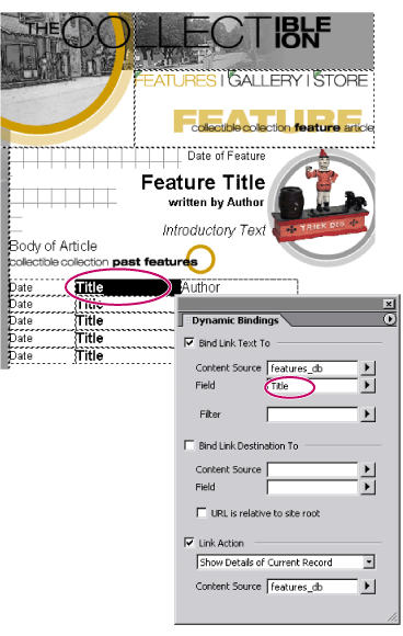 The Dynamic Bindings palette displays a content source's name and available fields.