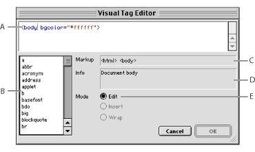 Illustration of using the Visual Tag Editor with these callouts: A. Inspect and edit the source code associated with the current selection, B. Context-sensitive list of valid tags, attributes, and values, C. The markup tree bar lets you select other elements for editing, D. Information on the element or attribute being edited, and E. Current mode.