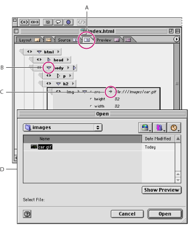 Illustration of the Outline Editor with these callouts: A. Outline Editor tab, B. Triangle control expands or collapses element, C. Path pointer lets you open the referenced file, and D. The Open dialog box appears when you click the path pointer.