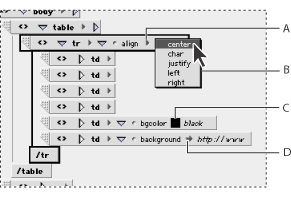 Illustration of specifying attributes values with these callouts: A. Attribute Values triangle, B. Menu of predefined attribute values, C. Color field, and D. Path pointer.