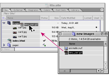 Dragging a file from a desktop folder to a folder in the site window