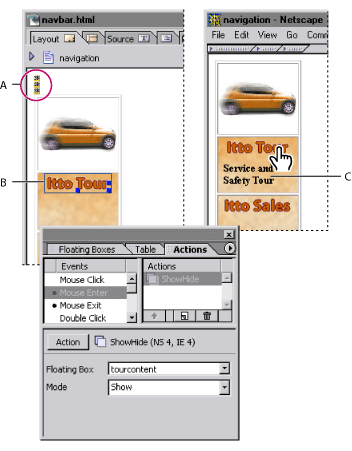 Illustration of floating boxes used to hide text and objects and make them reappear. Callouts include: A. Markers for three floating boxes, B. Image link with Mouse Enter event attached to Show/Hide action, and C. Pointer over image triggers floating box of text to appear below.