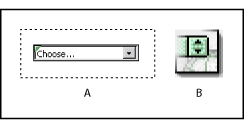 Illustration of a URL pop-up menu in a page. You can change the Choose... label at the top of the menu or make it blank. Callouts include: A. URL pop-up menu in the page, and B. URL Popup icon in the Objects palette.
