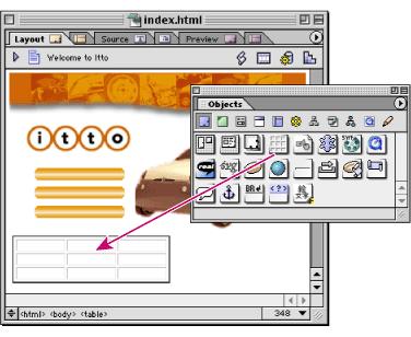Drag an object from the Objects palette to the page to instantly add an HTML element.
