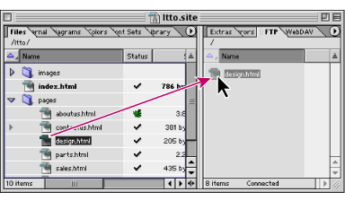 Drag the file from the Files tab to the FTP tab to upload it to the server.