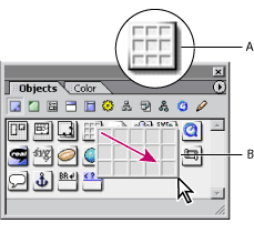 Illustration of interactive pop-up table in the Objects palette with these callouts: A. Table icon, and B. Dragging to define columns and rows.