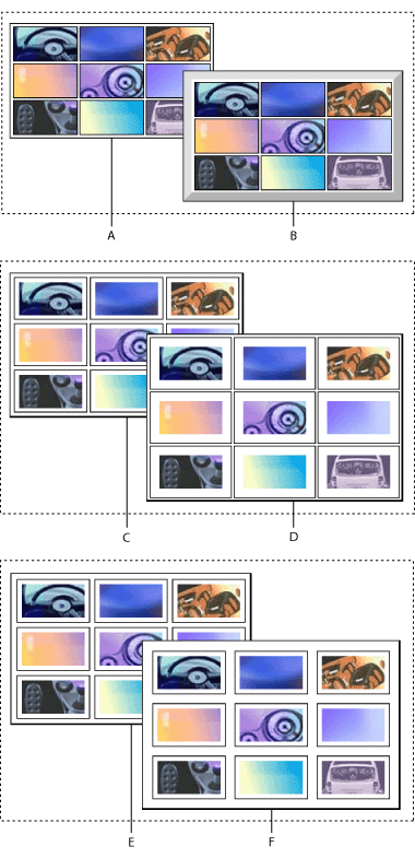 Comparison of Border, Cell Pad, and Cell Space table properties with these callouts: A. Border of 1 pixel, B. Border of 10 pixels, C. Cell pad of 5 pixels, D. Cell pad of 10 pixels, E. Cell space of 5 pixels, and F. Cell space of 10 pixels.